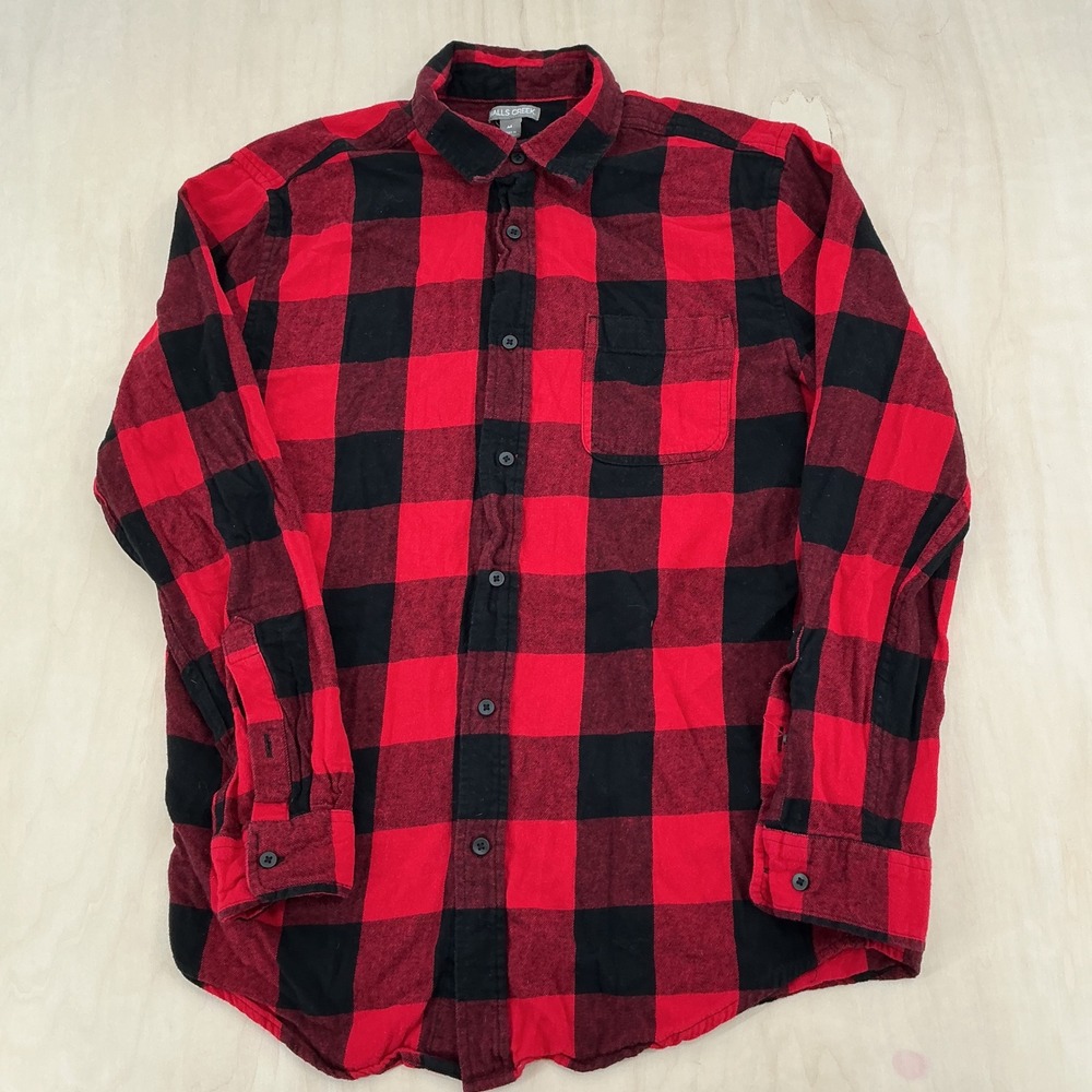 Falls Creek Flannel Shirt Mens M Red Black Buffalo Plaid Cotton Grunge Rugged